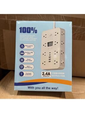 10FT Power Strip Tower 16 Outlets 3 USB 2500W Overload Protection White
